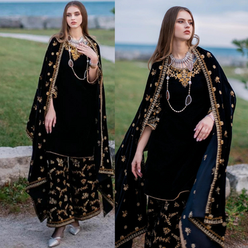zab956 Unstitched 3PCs Embroidered Velvet Dress With Embroidered Velvet Shawl